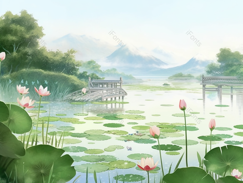 小暑池塘上的绿色景观设计背景,插画/手绘图,插画/手绘图库,插画/手绘图下载,插画/手绘